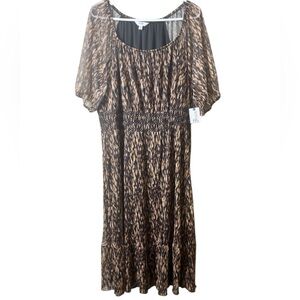 NWT Terra & Sky Leopard Cheetah Print Smocked Midi Dress Sheer Short Sleeve 2X‎